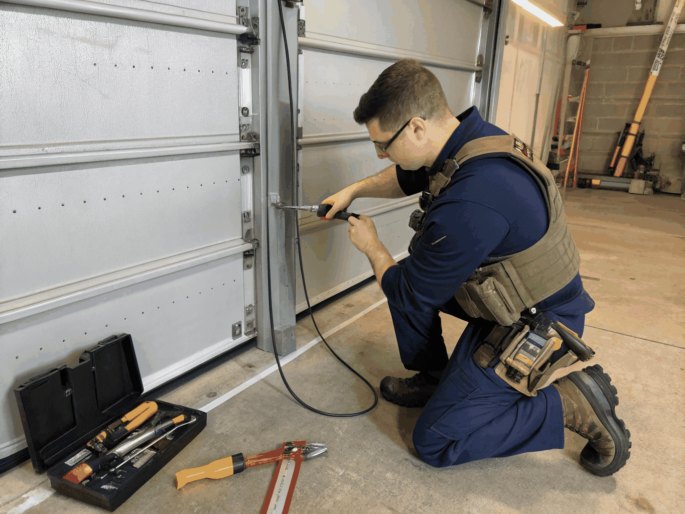 Professional garage door technician at work